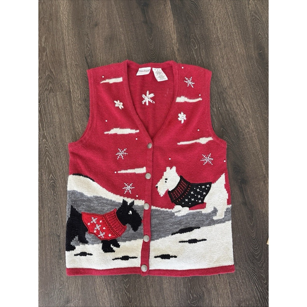 Bobbie Brooks Christmas Sweater Vest Scottie Dog Beaded Embroidered Red S 4/6